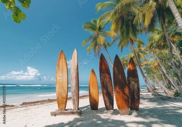 Fototapeta Surfboards Standing on Sandy Beach Under Palm Trees with Turquoise Ocean and Clear Blue Sky in Tropical Paradise Setting