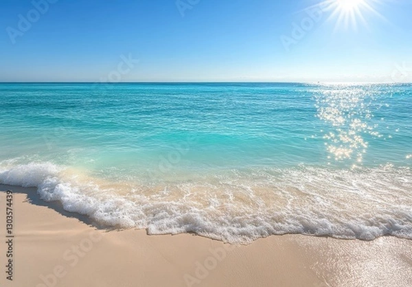 Obraz Tranquil Beach Scene with Gentle Waves and Crystal Clear Water Under a Bright Blue Sky with Shimmering Sunrays Illuminating the Sandy Shoreline