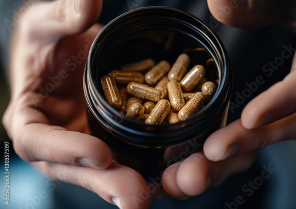 Fototapeta Close-up of hands pouring natural pills from a bottle into the palm. Close-up on the hand holding medicine in an open black jar with multivitamins and brown capsules.
