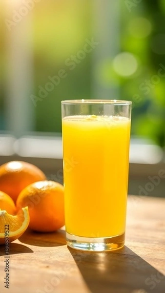 Fototapeta Glass of Fresh Orange Juice with Sliced Oranges on Wooden Table