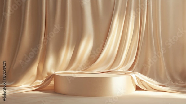 Fototapeta 
Silky champagne color Fabric Podium Illuminated by a Soft Spotlight Set Against a Velvet-Textured champagne Background, Perfect for Showcasing Jewelry and Fashion Items copy space
