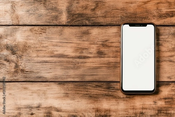 Fototapeta A modern smartphone with a blank white screen placed on a rustic wooden table. Generative AI