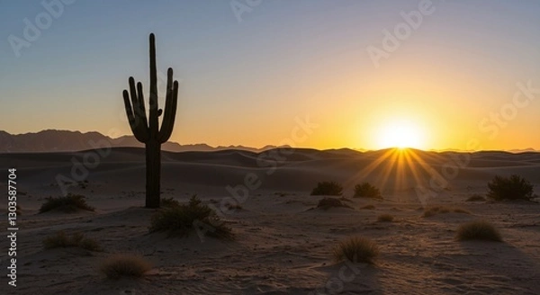 Fototapeta Cactus silhouetted against a stunning desert sunrise with golden rays illuminating the sandy dunes and distant mountains
