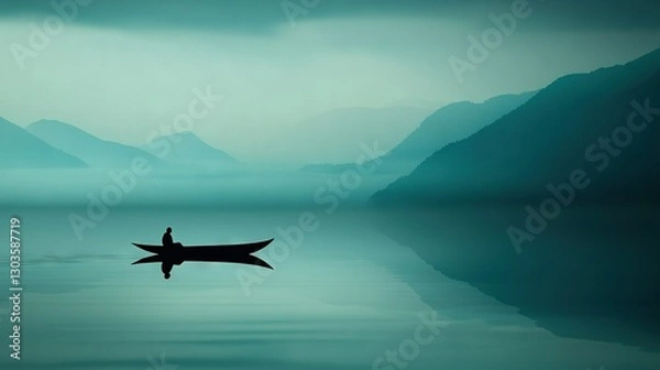 Fototapeta   A person relaxing in a boat surrounded by stunning mountain views on a serene body of water