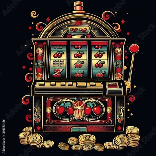 Obraz Classic vintage slot machine with red and gold hues, overflowing coins, and a winning combination