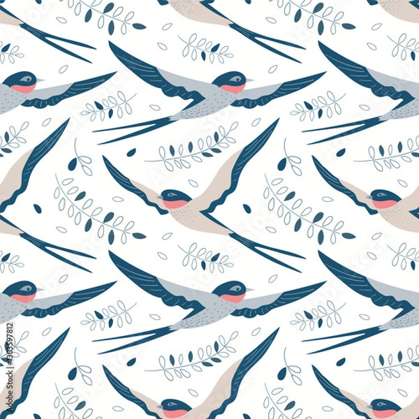 Fototapeta Seamless pattern with graceful swallows in flight and twigs with leaves. Gray, dark blue, coral, beige colors.
For textiles, fashion, wallpaper, wrapping paper, notebooks.