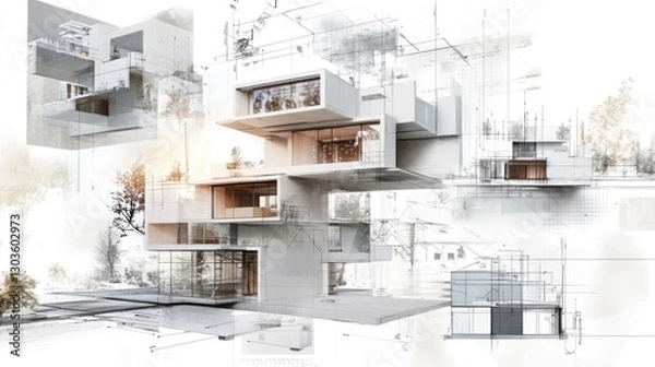 Fototapeta Architectural Design Sketch of Modern Building with Trees