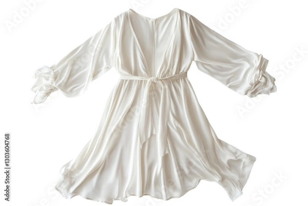 Obraz Elegant white dress with flowing sleeves and waist tie, perfect for warm summer days isolated on transparent background