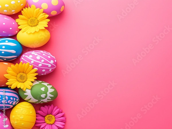 Fototapeta Painted Easter Eggs and Yellow Flowers on Pink Background – Festive Spring Flat Lay