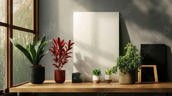 Fototapeta Interior design with potted plants, blank canvas and picture frames on wooden table top