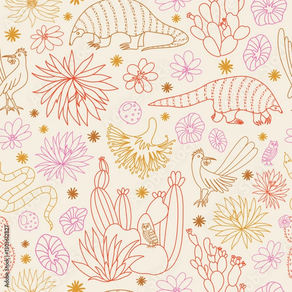 Obraz Vector seamless pattern with tropical animals, desert cacti, florals, pangolins, snakes and roadrunners. A very sweet illustrative wilderness environment full of wildlife. 