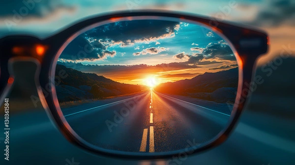 Fototapeta Glasses, the road is seen in sharp focus, leading towards a bright sunset in the distance clearly see the future. Reflection - Mirror. Illustration