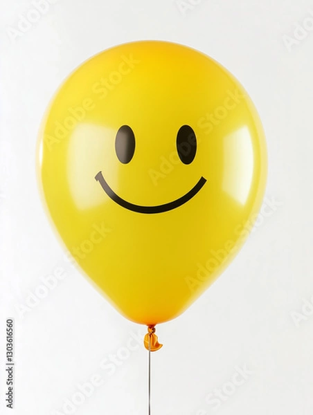 Fototapeta A close-up of a single yellow balloon with a smiley face against a white background. A simple yet powerful representation of joy, optimism, and good mood