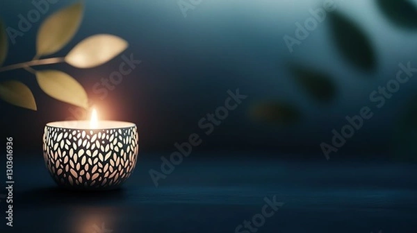 Fototapeta   A lit candle on a table with a leafy, twiggy twig nearby