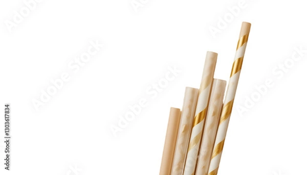 Obraz A stylish golden and white paper straw, symbolizing eco-conscious choices, isolated on a neutral background with a clean clipping path, ideal for eco-friendly campaigns, packaging, and beverage-relate