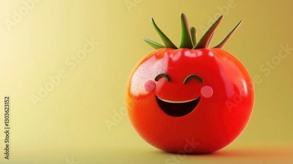 Fototapeta Smiling Tomato Cartoon-style fruit character expressing joy on solid yellow surface