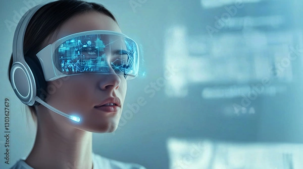 Fototapeta a robot call center agent wearing a headset with microphone