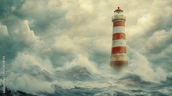 Fototapeta A lighthouse stands tall amidst turbulent ocean waves and clouds.