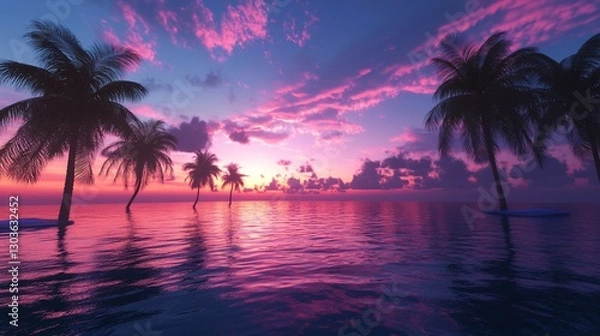 Fototapeta Tropical Sunset with Silhouetted Palm Trees and Reflective Water