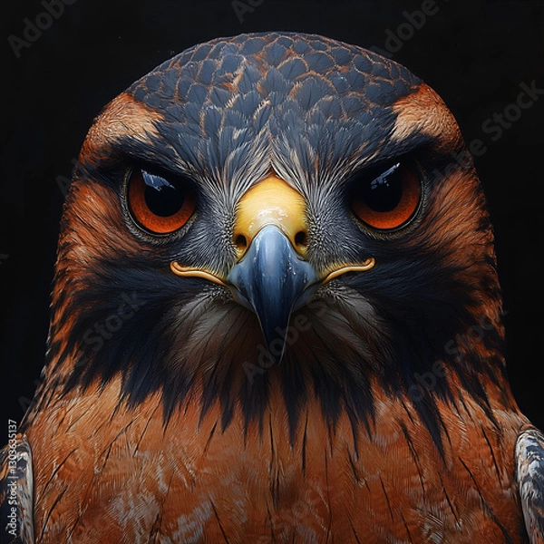 Fototapeta A powerful and intense close-up portrait of a hawk, showcasing its fierce gaze and razor-sharp features, set against the dark background.