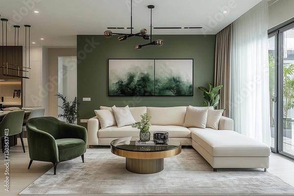Fototapeta Home interior, A living room with green walls, a large ivory sofa and round glass coffee table. The walls feature green paneling. a painting hanging on the wall.