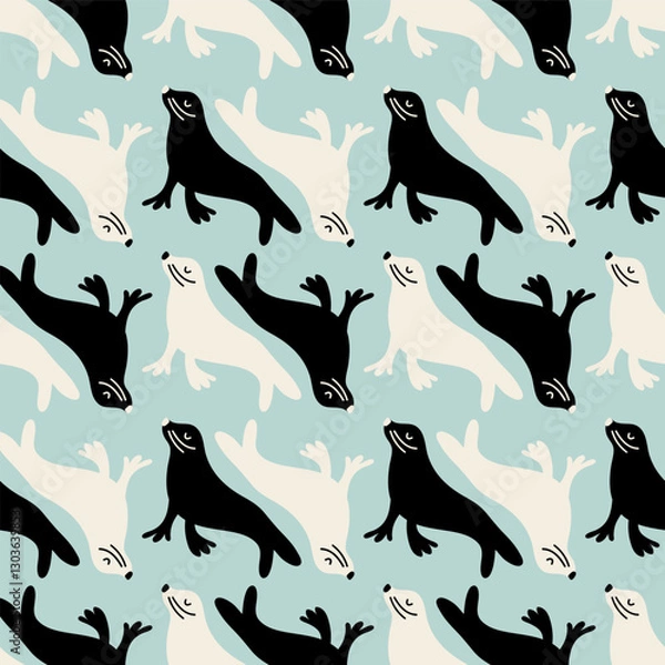 Obraz Blue vector seamless pattern with cute seals. Perfect for marine themed projects! Abstract animal repeat pattern with funny sea lions. 