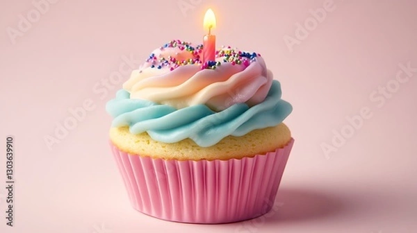 Fototapeta Colorful Cupcake with Sprinkles and Candle on Pink Background