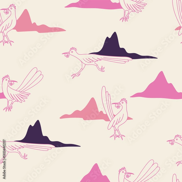 Obraz Desert birds illustration vector seamless pattern. Western landscape with mountains and roadrunners. For wallpaper, children's clothing design etc. 