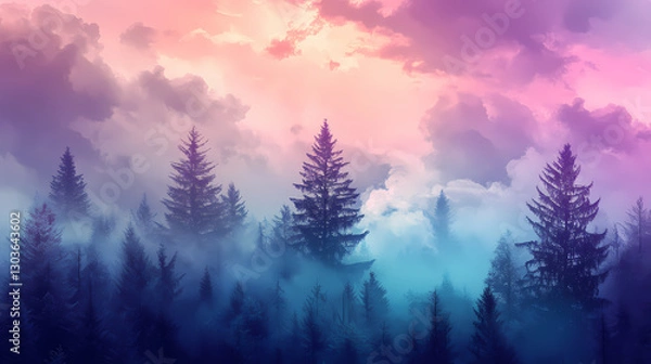 Fototapeta Abstract colorful cloudscape background, purple, pink, and blue. Wonderment - Forest. Illustration
