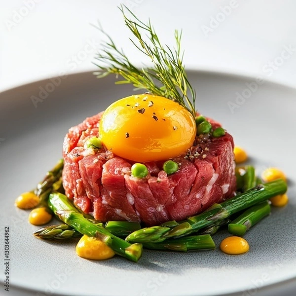 Fototapeta Elegant beef tartare with egg yolk and asparagus on gray plate.