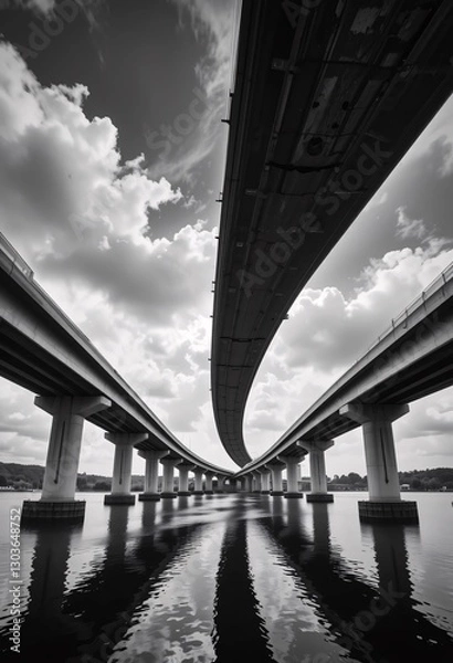 Fototapeta Elevated Roadway Structure Gracefully Curves Over Tranquil Waters...striking Black And White Image Showcasing Architectural Design And Calm Reflection...modern Urban Landscape .