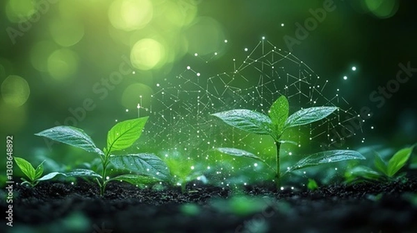 Fototapeta Growing plants, digital network overlay, natural setting, sustainable future
