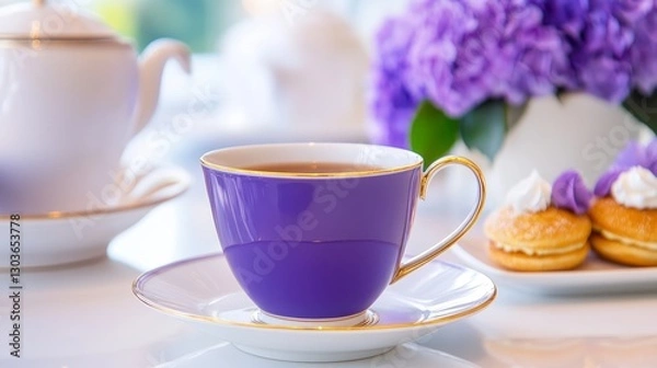 Fototapeta Elegant afternoon tea setting featuring a purple cup, pastries, and vibrant flowers in the background