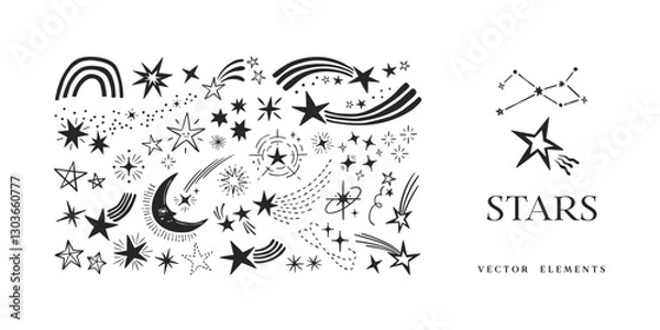Fototapeta hand-drawn star doodle clipart bundle with celestial stars, shooting stars, sparkles, symbols, and moon. Star vector elements collection.