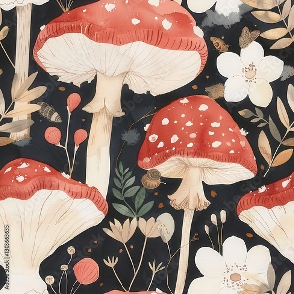 Fototapeta Seamless watercolor mushroom pattern with amanita, Botanical forest design on dark background. Fabric, wallpaper print texture.