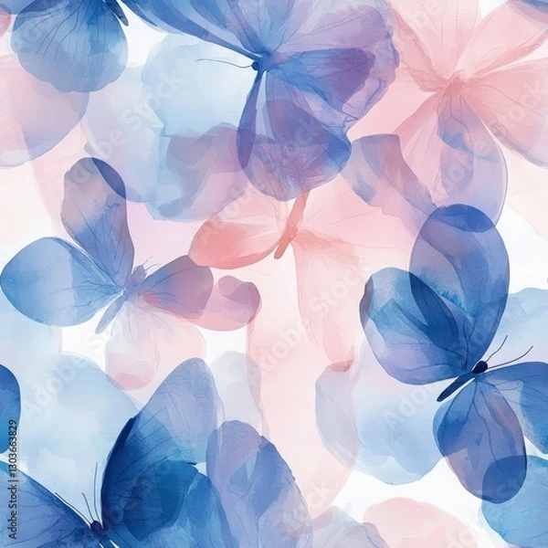 Fototapeta Seamless watercolor pattern with colorful abstract butterflies in shades of blue, purple and coral on a white background. Elegant design is perfect for textiles, wallpaper and wrapping paper