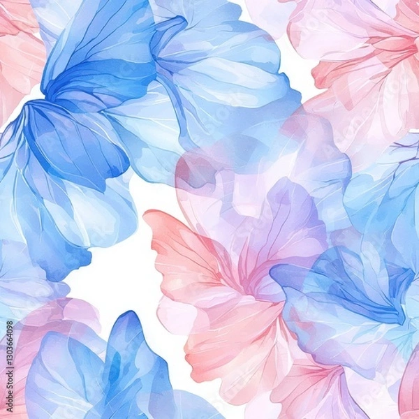 Fototapeta Seamless watercolor pattern with colorful abstract butterflies in shades of blue, purple and coral on a white background. Elegant design is perfect for textiles, wallpaper and wrapping paper