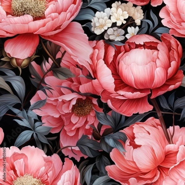Fototapeta Seamless floral pattern with hand-painted watercolor peonies in soft pink and peach tones on a dark background. Fabric, wallpaper print texture.