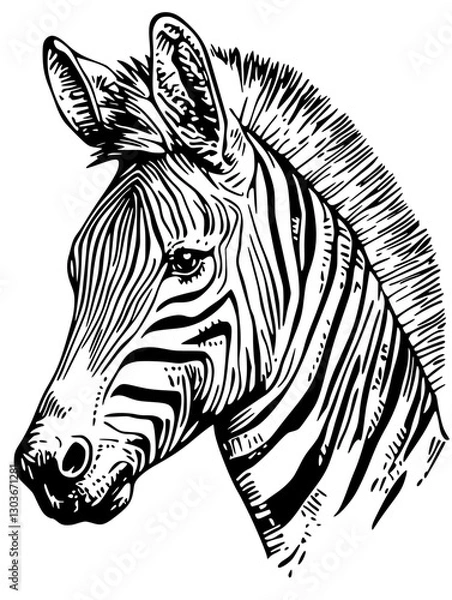 Fototapeta Zebra head illustration in linoleum cut style featuring intricate details on transparent background