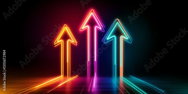 Fototapeta Glowing neon arrows pointing upwards symbolizing growth and progress