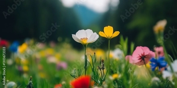 Fototapeta Colorful wildflowers meadow, nature background, ideal for spring, summer, or garden