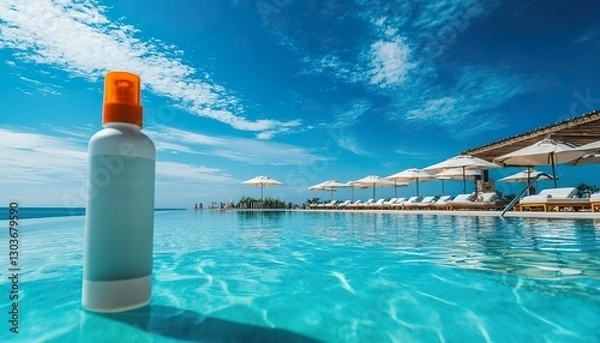 Obraz A sunscreen spray bottle beside a clear blue pool, surrounded by sun loungers and umbrellas, with a bright summer sky.