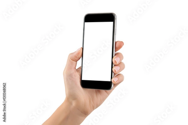 Obraz Female hand holding cellphone isolated at white background