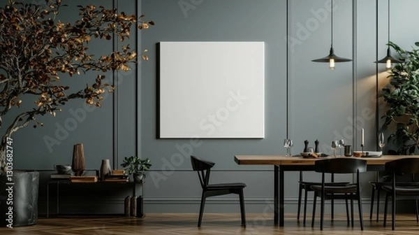 Fototapeta Modern dining room interior with blank canvas, table setting, and stylish decor