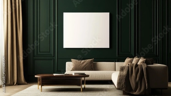 Fototapeta Elegant living room interior with dark green wall panels, sofa, and blank canvas