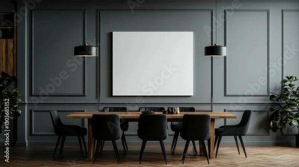 Fototapeta Elegant dining room interior with blank canvas and modern lighting for art display