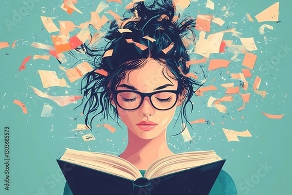 Fototapeta Surreal illustration of a young woman with glasses reading a book, abstract flying pages symbolizing thoughts, knowledge, or dyslexia, teal background with warm orange accents
