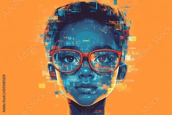 Fototapeta Futuristic digital portrait of a child with red glasses, abstract blue cybernetic patterns on face, and orange background. Concept of dyslexia, digital cognition, learning challenges, and AI perceptio