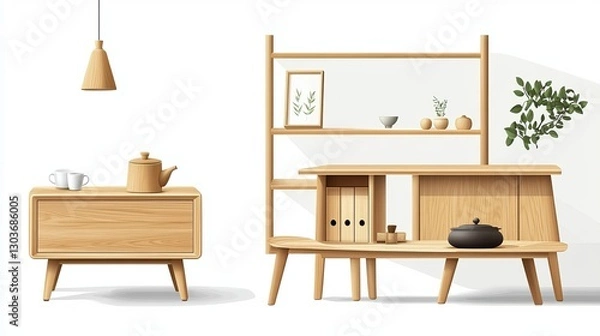 Fototapeta A realistic 3D-style vector illustration of wooden furniture, including a commode, a clothes shelf, and a tea table, creating a comfortable living space collection on a white background.








