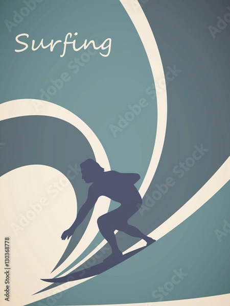 Fototapeta Vector illustration surfer and big wave. Retro style